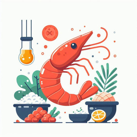 Shrimp and seafood. Vector illustration in a flat style on a white background.のイラスト素材