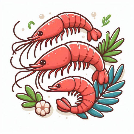 Hand drawn vector illustration of red shrimps on white background.のイラスト素材