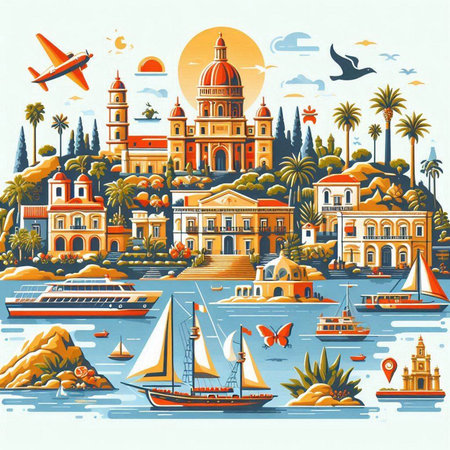 Vintage travel poster with famous european landmarks. Colorful vector illustrationのイラスト素材