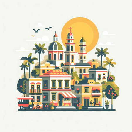 Flat design vector illustration concepts for travel and tourism. Landscape with colorful buildings, palm trees, church and bus.のイラスト素材