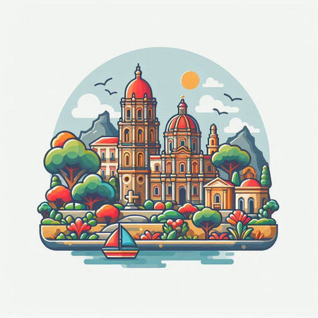 Colorful hand drawn vector illustration of the Catholic Church of St. Francis of Assisi on the island of Sardiniaのイラスト素材