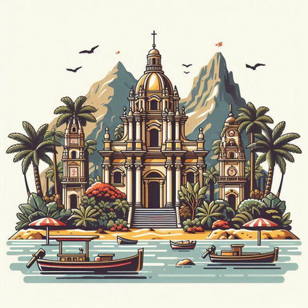 Vintage hand drawn vector illustration of the island of Santo Domingo.のイラスト素材