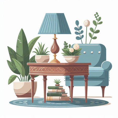 Living room interior with armchair, sofa, plants and lamp. Vector illustration.のイラスト素材