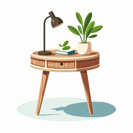 Wooden table with lamp, books and plant. Vector illustration.のイラスト素材
