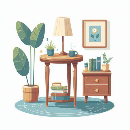 Vector illustration of a cozy living room interior with a table, a lamp, a bookshelf, a potted plant, and a picture frame.のイラスト素材