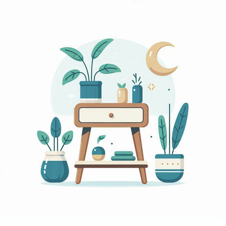 Bedside table with plants and crescent moon. Flat vector illustration.のイラスト素材