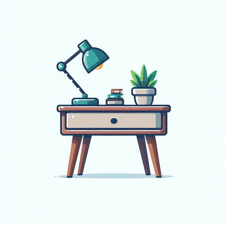 Office desk with lamp and houseplant. Vector illustration in cartoon styleのイラスト素材