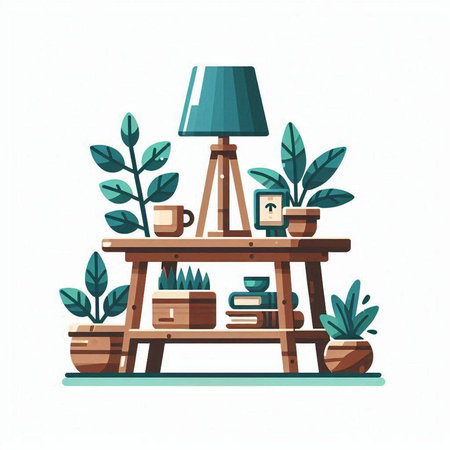 Wooden shelf with books, potted plants, lamps and coffee cups. Vector illustration.のイラスト素材