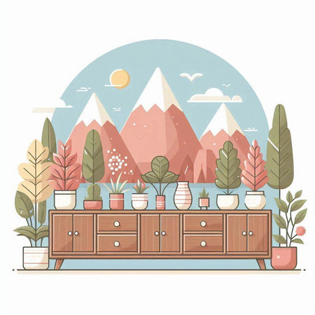 Vector illustration of a wooden chest of drawers in the mountains.のイラスト素材