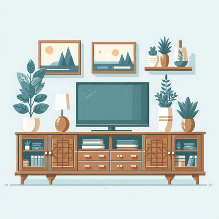 Living room interior with furniture and plants. Flat style vector illustration.のイラスト素材