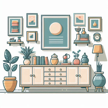 Vector illustration of living room interior with furniture, shelves, bookshelf, lamp and plants.のイラスト素材