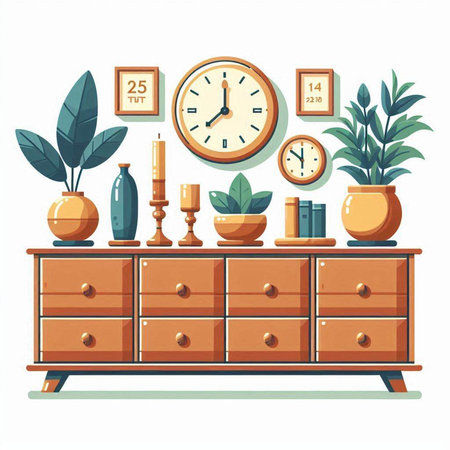 Vector illustration of wooden chest of drawers with plants and clock.のイラスト素材