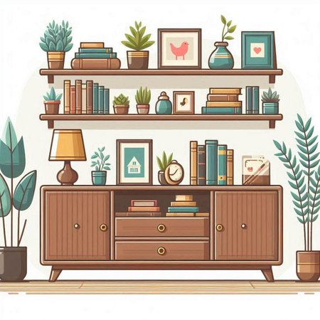 Bookshelf with books and plants. Vector illustration in flat styleのイラスト素材