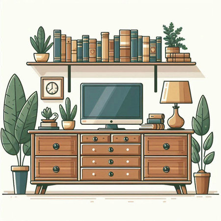 Living room interior with furniture, bookshelf, coffee table and plants. Vector illustration.のイラスト素材