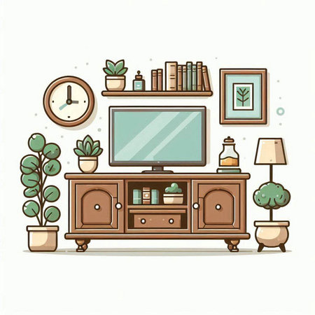 Vector illustration of living room interior with furniture - TV, bookshelf, lamps and plants. Flat style.のイラスト素材