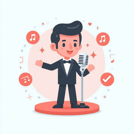 Cute karaoke man in a suit with microphone. Vector illustrationのイラスト素材