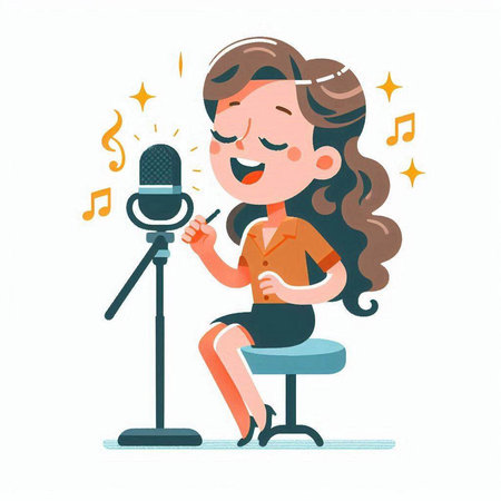 Cartoon woman singing karaoke with microphone. Vector illustration.のイラスト素材
