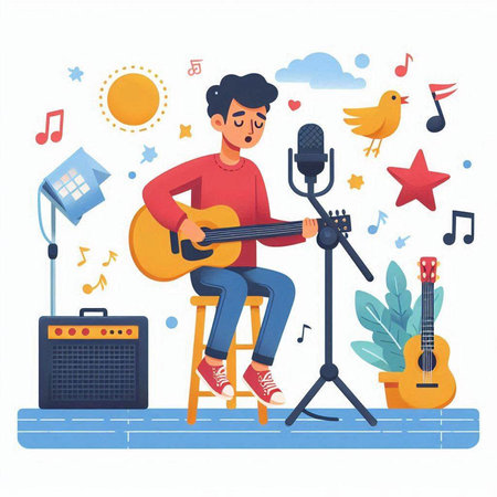 Young man playing guitar and singing at home. Flat style vector illustration.のイラスト素材