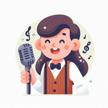 Cute little girl singing karaoke with microphone. Vector illustration.のイラスト素材