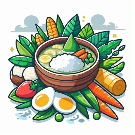 Illustration of a bowl of rice soup with fresh vegetables and eggsのイラスト素材