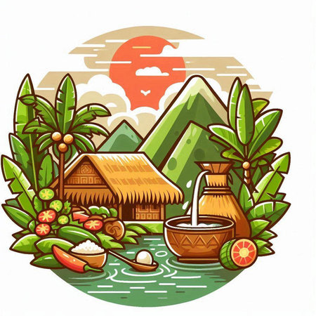 Vector illustration of a bamboo hut in the middle of the jungle.のイラスト素材