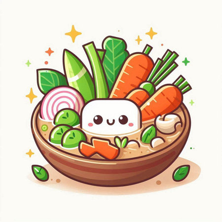 Cute cartoon vegetable salad in bowl. Vector illustration isolated on white background.のイラスト素材