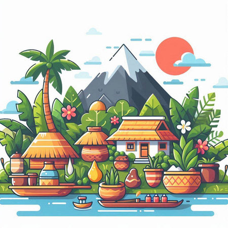 Flat design vector illustration concept of traditional indian village and mountain.のイラスト素材