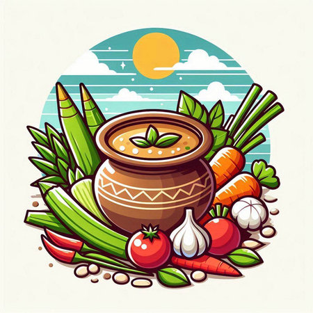 Vegetable soup in clay pot with ingredients. Vector illustration.のイラスト素材