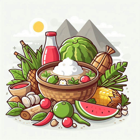 Vector illustration of a bowl of watermelon, melon, coconut, coconut and chili sauce.のイラスト素材