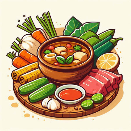 Vector illustration of Chinese soup with meat, vegetables, herbs and sauceのイラスト素材