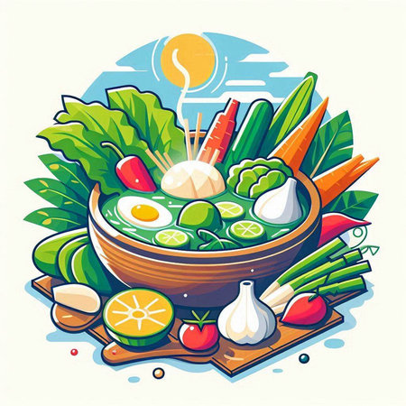 Vector illustration of Thai food in a bowl with vegetables and fruits.のイラスト素材