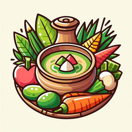 Vector illustration of a bowl of miso soup with fresh vegetables.のイラスト素材