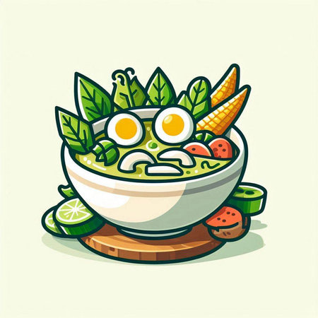 Cartoon bowl of vegetable soup with funny face. Vector illustration.のイラスト素材