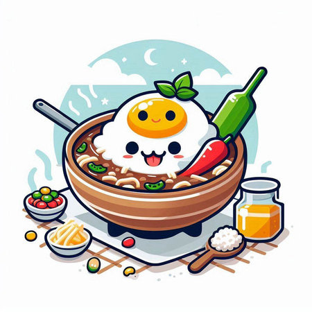 Bowl of noodle soup with fried egg and vegetables. Vector illustration.のイラスト素材