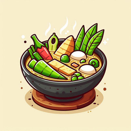 Illustration of a bowl of miso soup with vegetables and tofuのイラスト素材