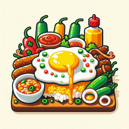 Illustration of fried egg with vegetables and sauce on wooden board.のイラスト素材