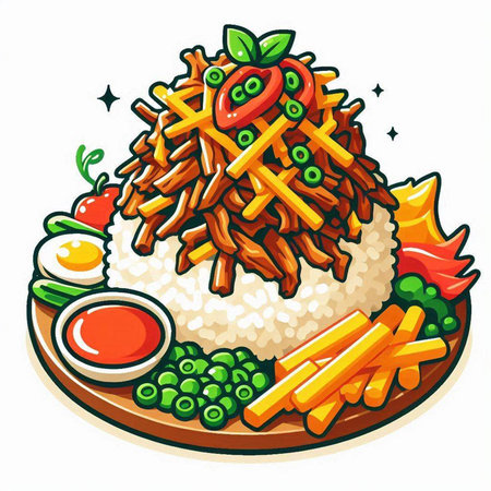 Illustration of a dish made of rice with vegetables and chicken meatのイラスト素材