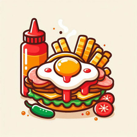 Fast food vector illustration. Burger with fried egg, french fries and ketchup.のイラスト素材