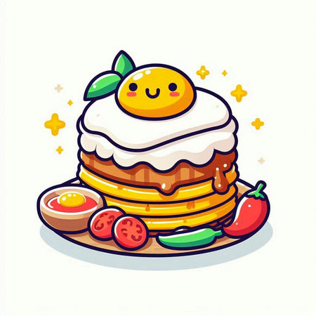 Cute pancakes with egg, fruits and berries. Vector illustration.のイラスト素材