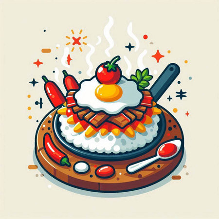 Vector illustration of steamed rice with fried egg and vegetables on plateのイラスト素材