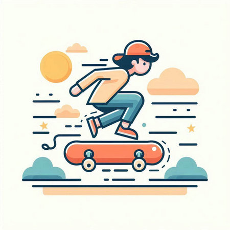 Skateboarder riding on skateboard. Flat vector illustration.のイラスト素材