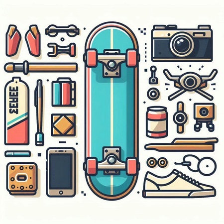 Set of vector line icons with skateboard, camera and other elementsのイラスト素材
