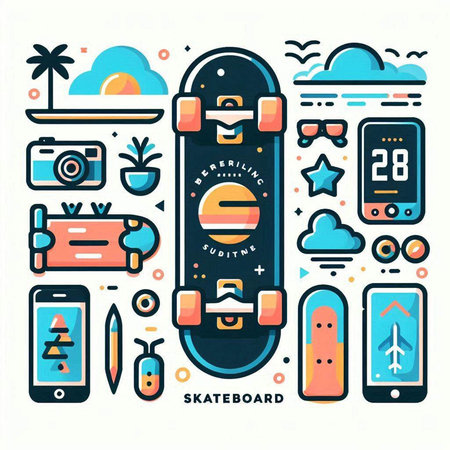 Modern flat line design vector illustration concept of summer vacation and travel. Colorful banner template with skateboard, smartphone, camera, palm trees, sun, clouds.のイラスト素材