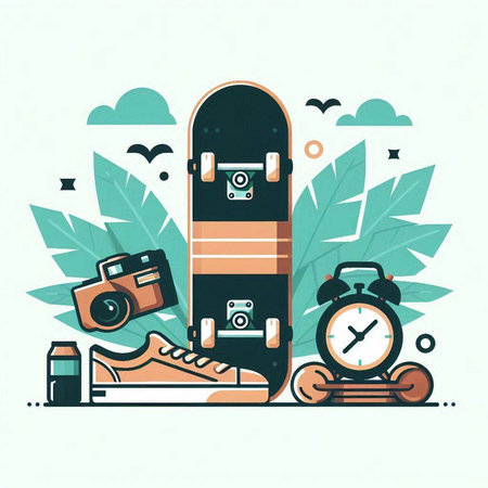 Vector illustration of skateboard, sneakers, camera, alarm clock and palm leavesのイラスト素材
