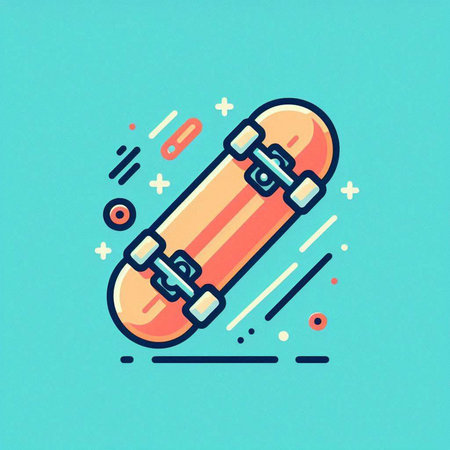 Skateboard icon in flat line style. Vector illustration on blue background.のイラスト素材