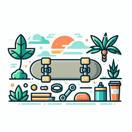 Skateboard in the park. Modern line art style vector illustration.のイラスト素材