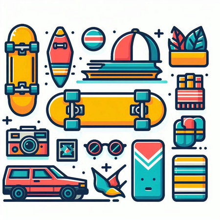 Set of vector line art icons for travel, vacation and leisure.のイラスト素材