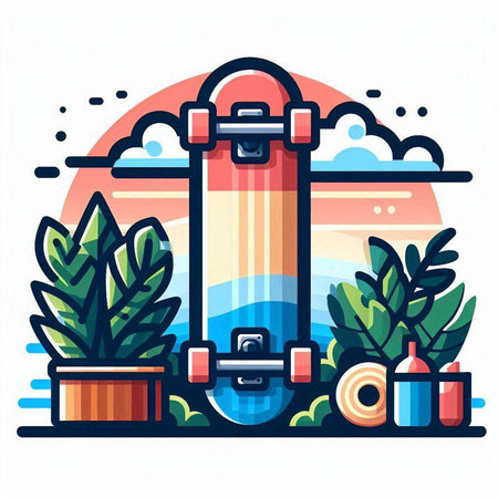 Skateboard on the background of the sea. Vector illustration.のイラスト素材