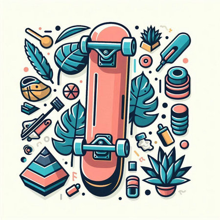 Skateboard and accessories vector illustration. Skateboarding doodle.のイラスト素材