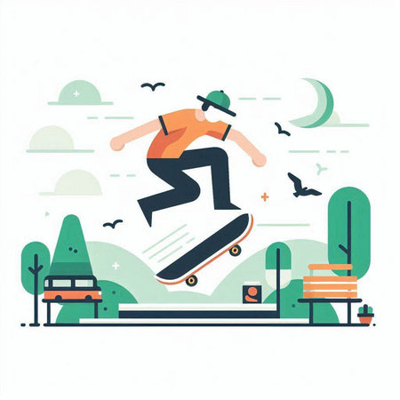 Skateboarder jumps in the park. Flat vector illustration.のイラスト素材